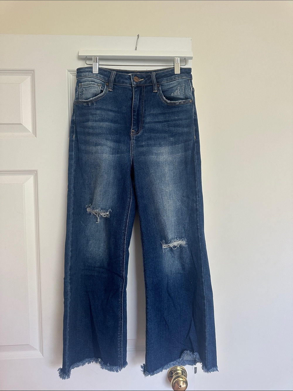 Women's Dark Blue Distressed Wide-Leg Jeans